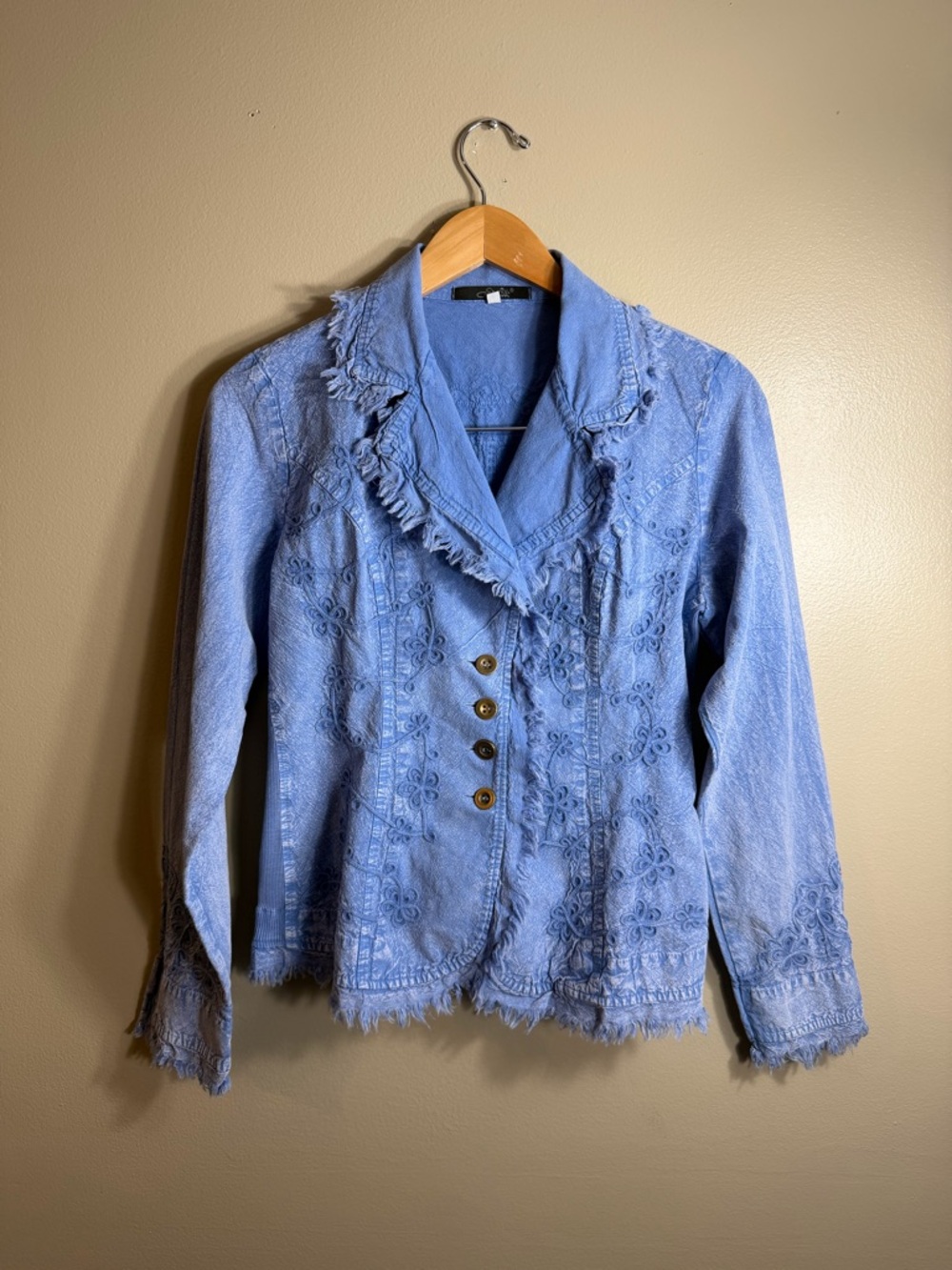 Giocam Hawaii Blue Embroidered Frayed Boho Jacket Blazer M